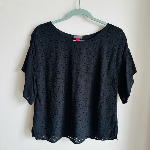 Vince Camuto Black‎ Eyelet Flutter Sleeve Blouse – Size Medium – 100% Rayon - Picture 1 of 5